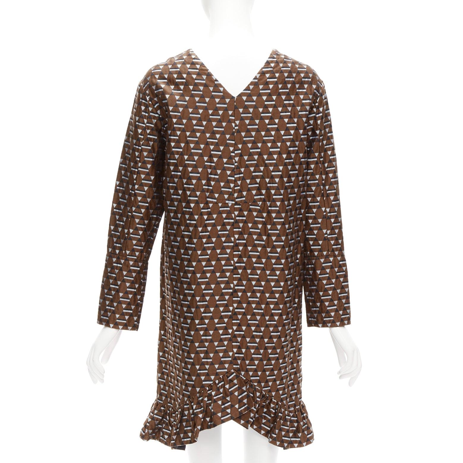 MARNI brown blue geometric jacquard frill hem dress IT38 XS In Good Condition For Sale In Hong Kong, NT