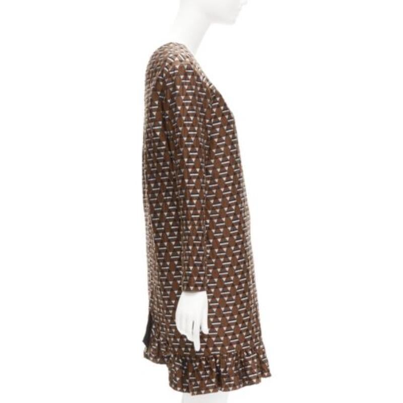 MARNI brown blue geometric jacquard frill hem dress IT38 XS In Good Condition For Sale In Hong Kong, NT