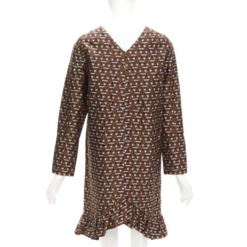 Women's MARNI brown blue geometric jacquard frill hem dress IT38 XS For Sale