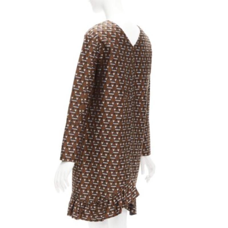 MARNI brown blue geometric jacquard frill hem dress IT38 XS For Sale 1