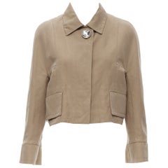 MARNI brown cotton linen oversized crystal jewel buttons cropped jacket IT38 XS