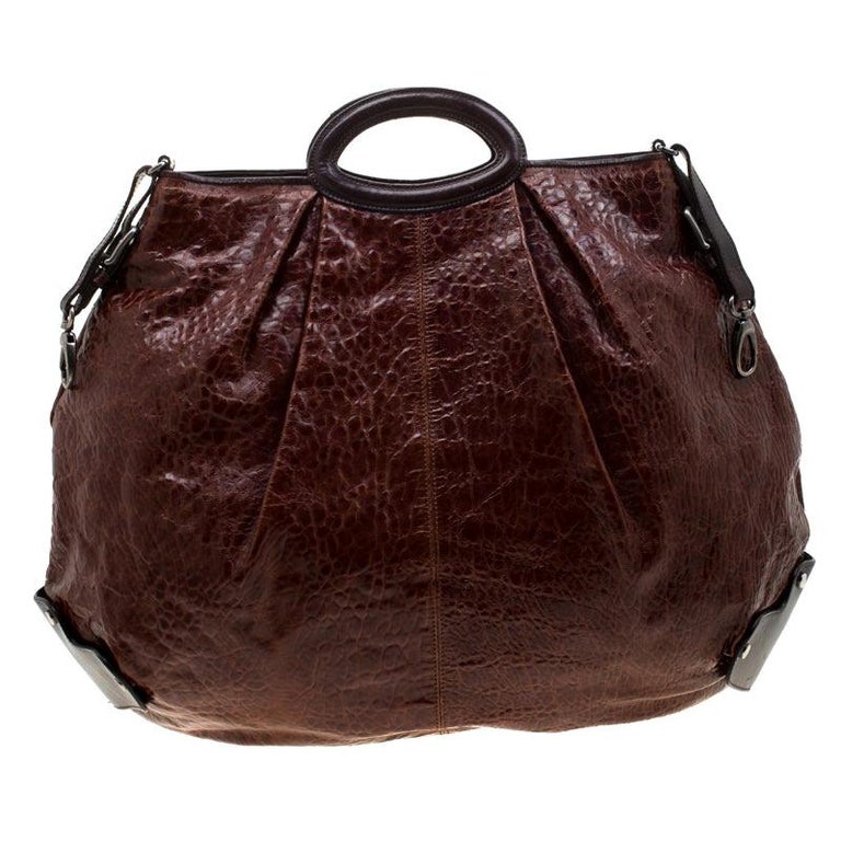 Marni Brown Croc Embossed Glaze Leather Balloon Hobo For Sale at 1stDibs