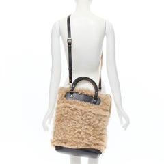 MARNI brown curly shearling fur black leather trim tote bag