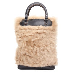 MARNI brown curly shearling fur black leather trim tote bag