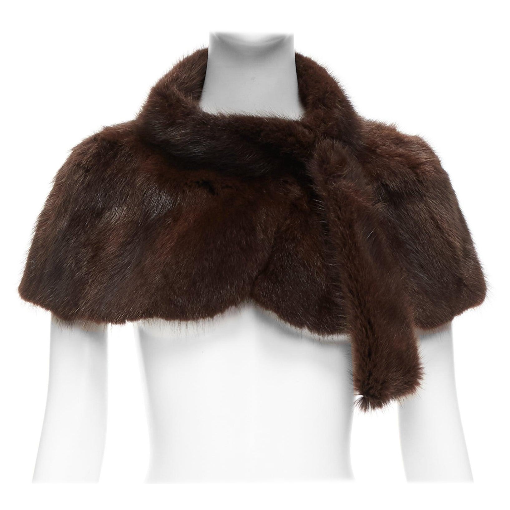 MARNI brown genuine fur logo leaf lined loop through capelet stole IT38 XS