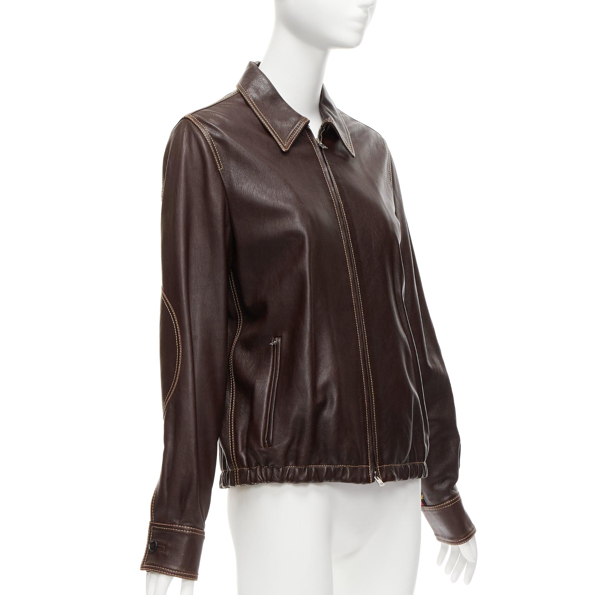 MARNI brown lambskin leather overstitching plaid lined zip jacket IT42 M In Good Condition For Sale In Hong Kong, NT