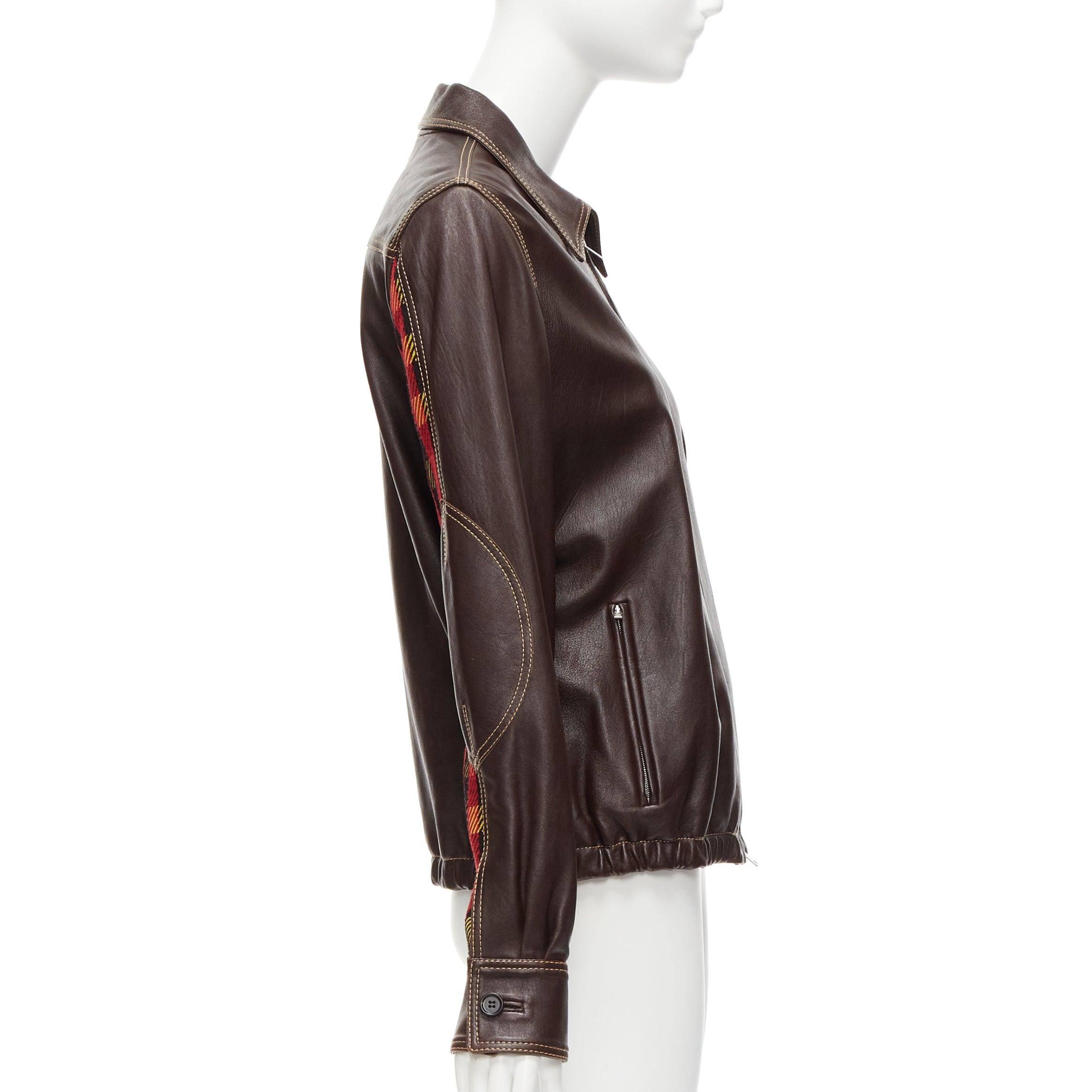Black MARNI brown lambskin leather overstitching plaid lined zip jacket IT42 M