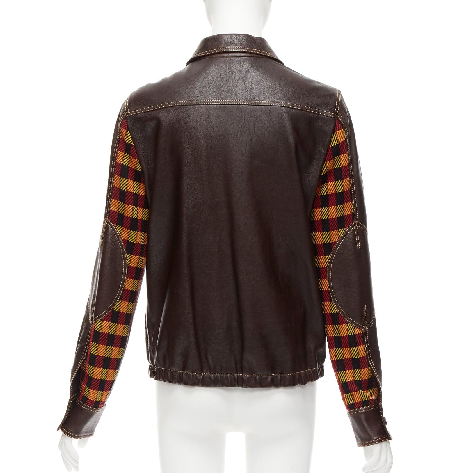 MARNI brown lambskin leather overstitching plaid lined zip jacket IT42 M In Good Condition In Hong Kong, NT