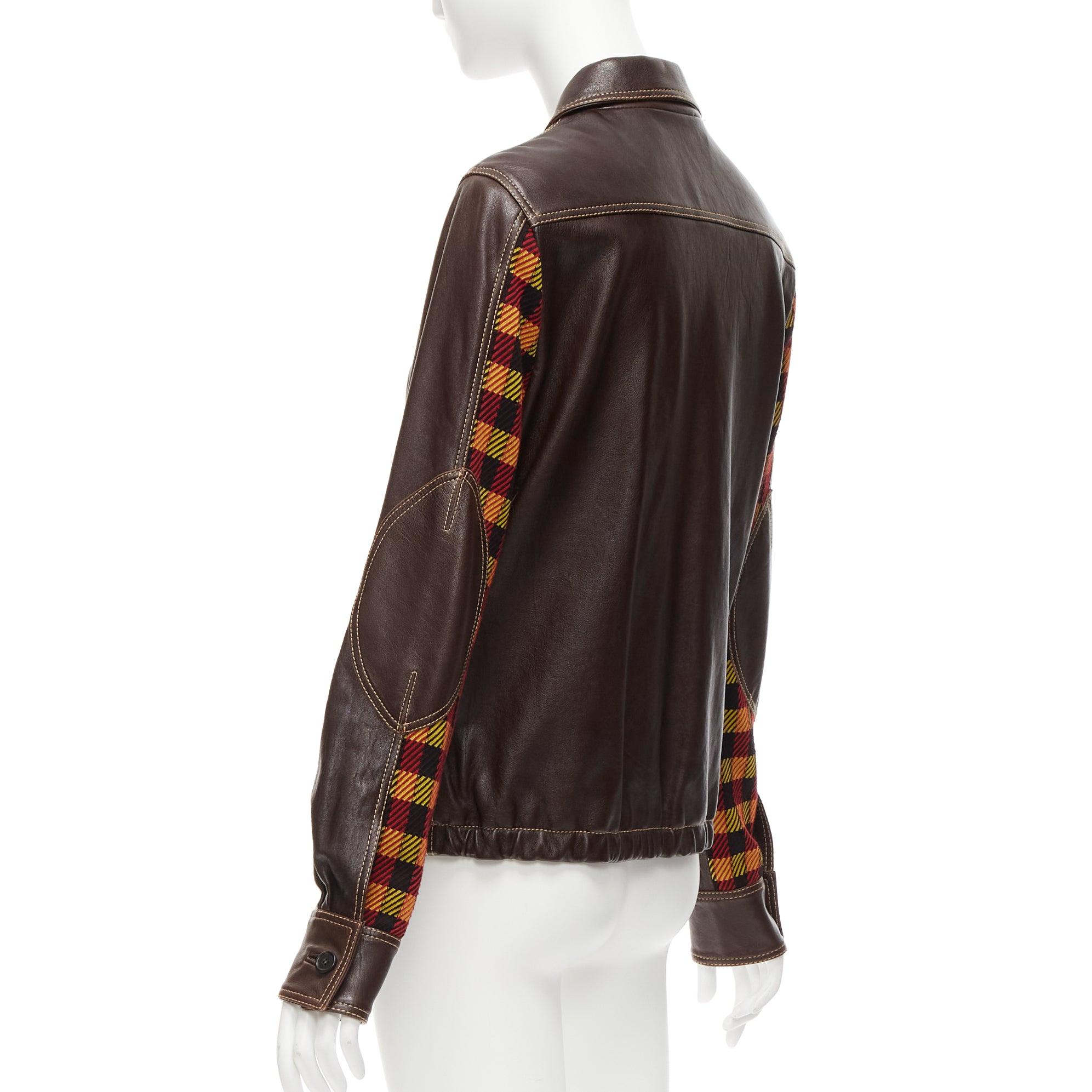 Women's MARNI brown lambskin leather overstitching plaid lined zip jacket IT42 M
