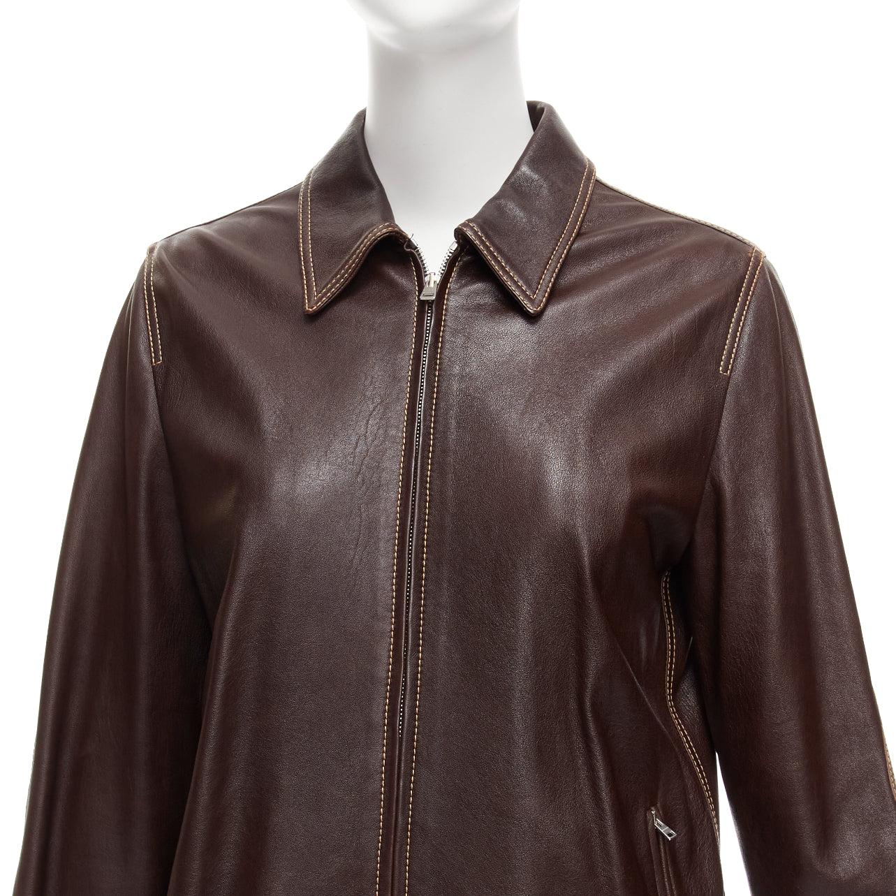 MARNI brown lambskin leather overstitching plaid lined zip jacket IT42 M For Sale 2