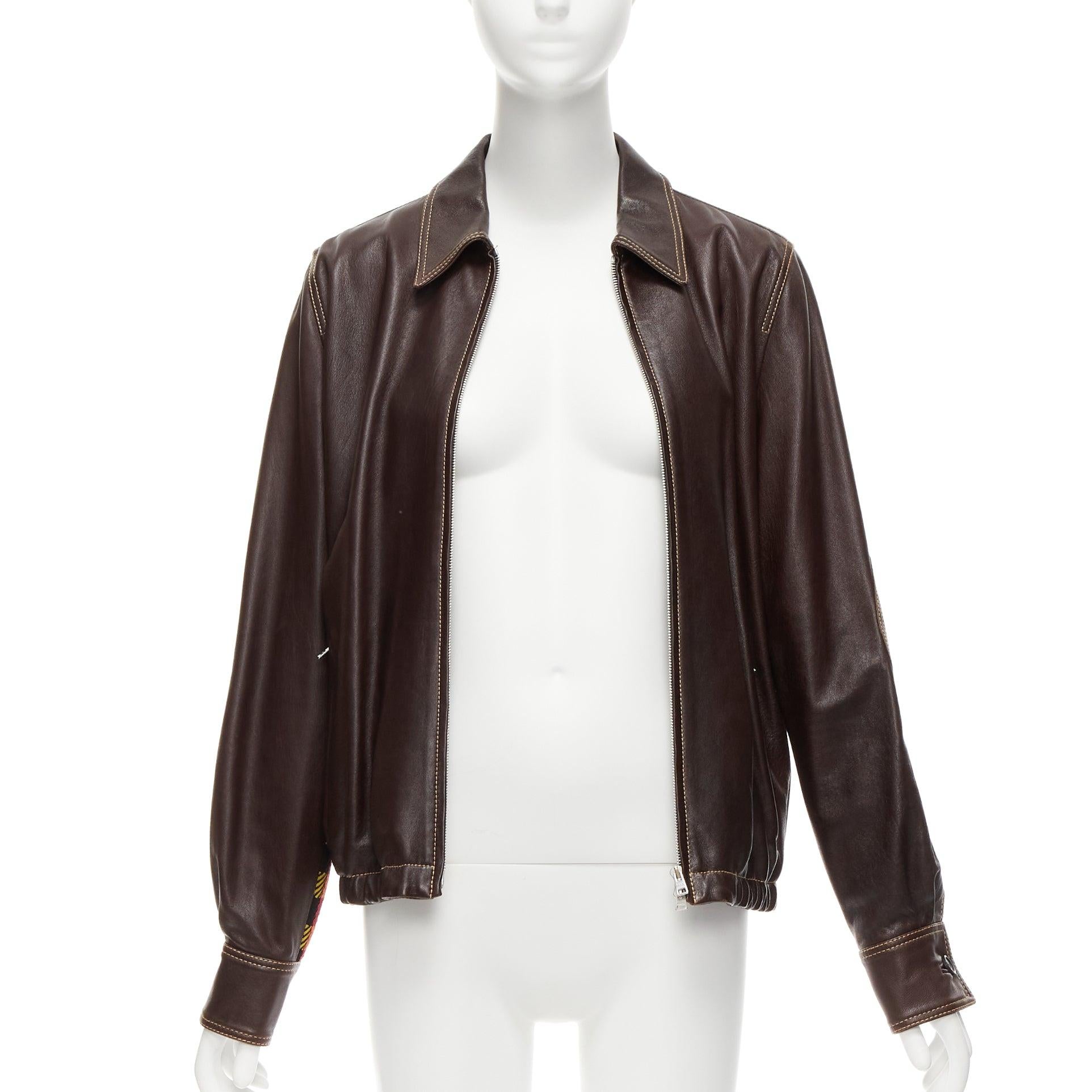 MARNI brown lambskin leather overstitching plaid lined zip jacket IT42 M 1