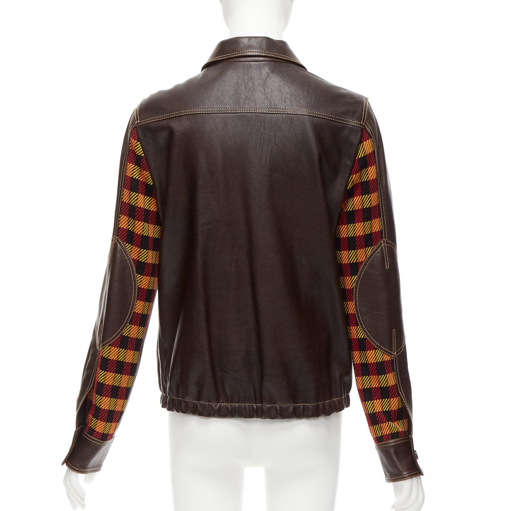MARNI brown lambskin leather overstitching plaid lined zip jacket IT42 M For Sale 3