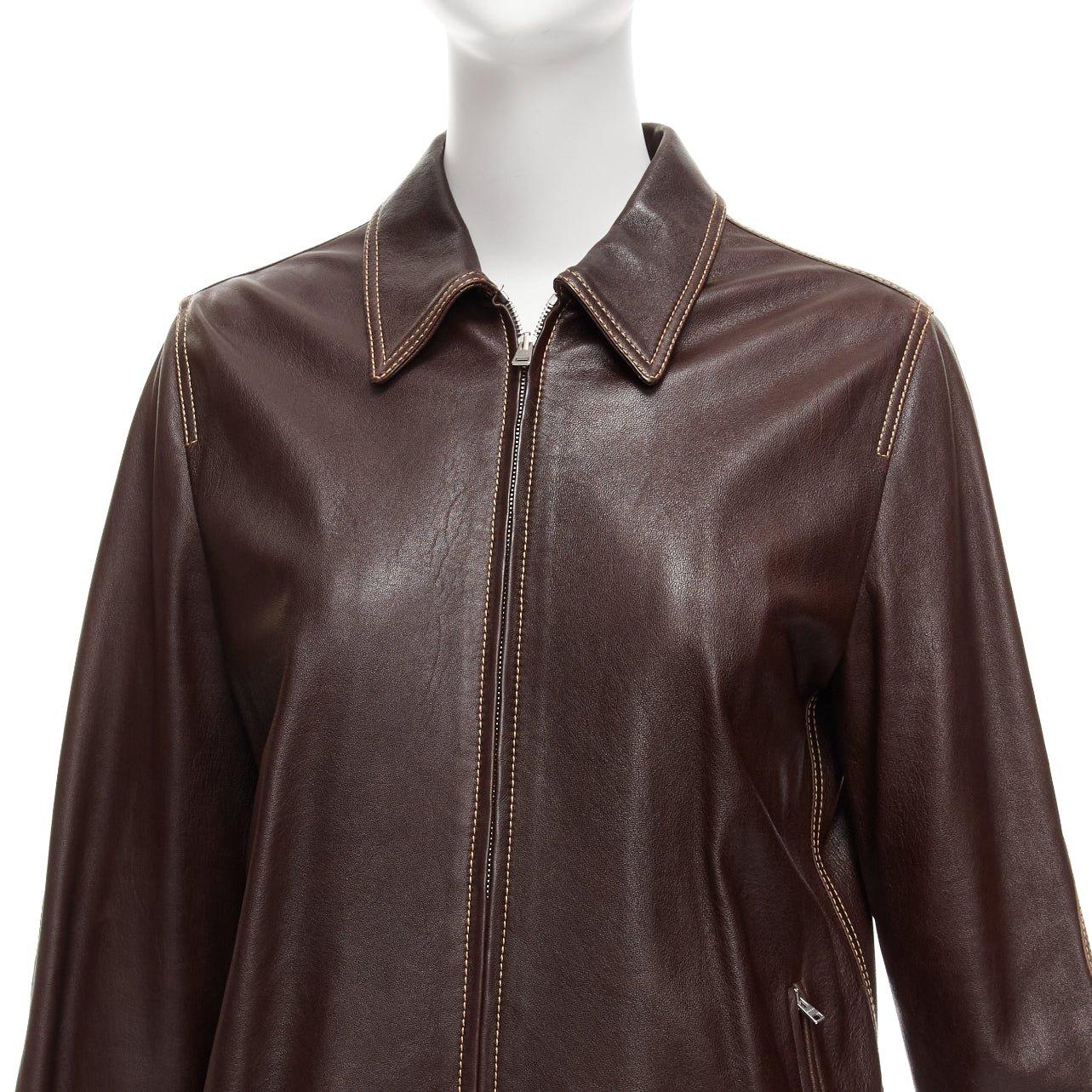 MARNI brown lambskin leather overstitching plaid lined zip jacket IT42 M 2