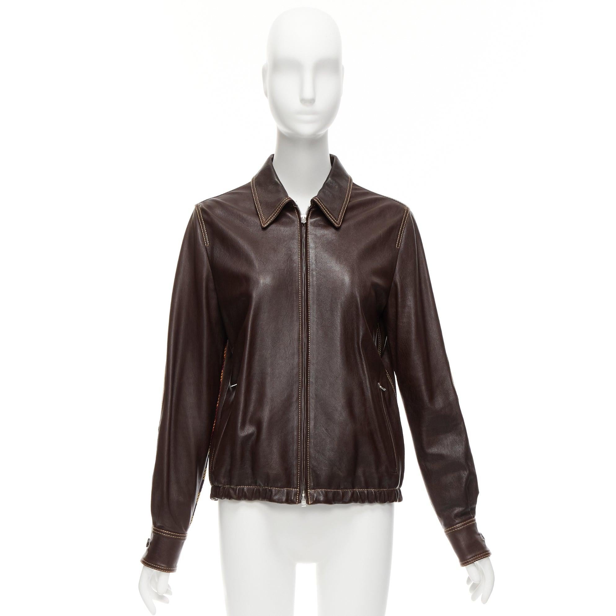 MARNI brown lambskin leather overstitching plaid lined zip jacket IT42 M For Sale 4