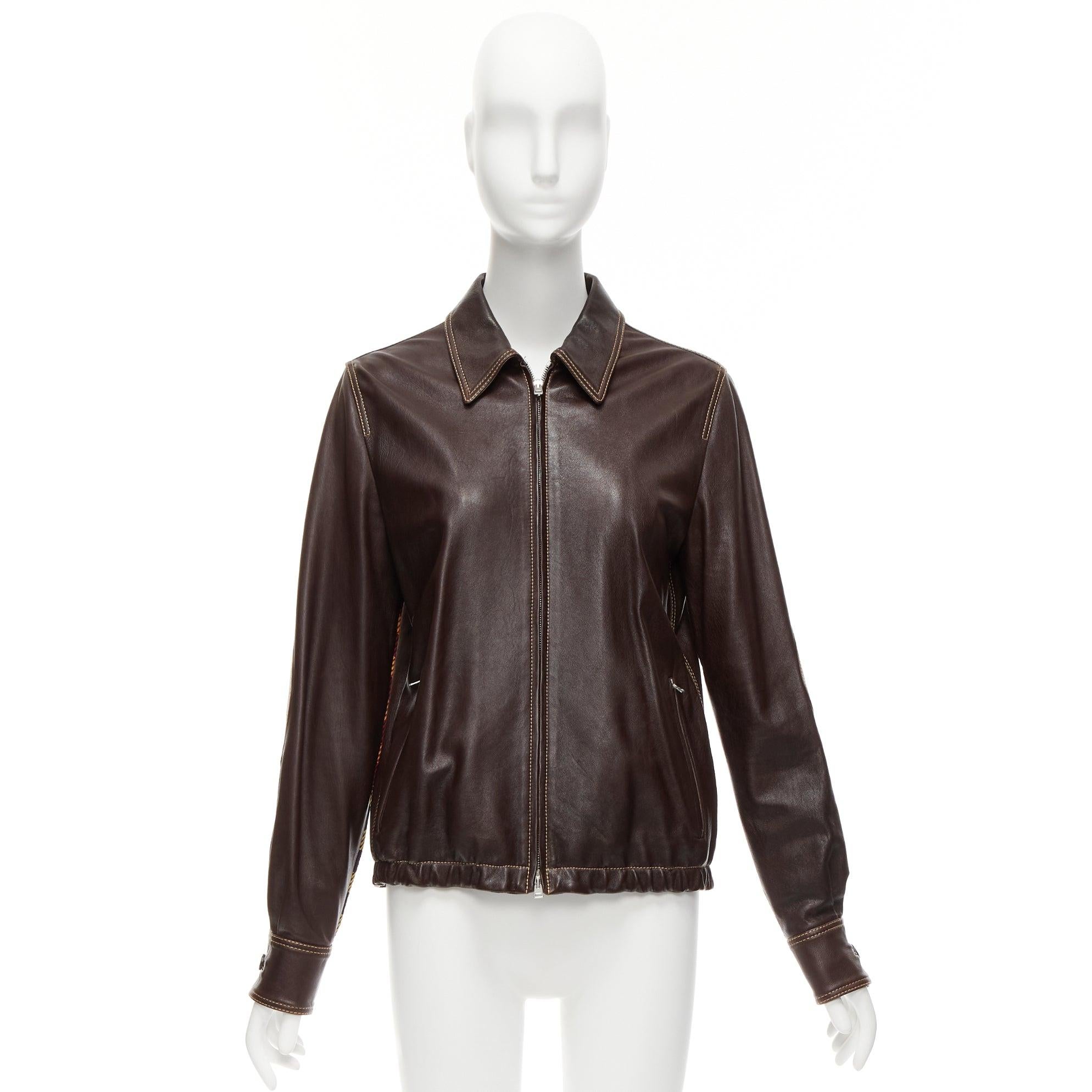 MARNI brown lambskin leather overstitching plaid lined zip jacket IT42 M 4