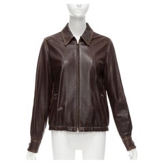 MARNI brown lambskin leather overstitching plaid lined zip jacket IT42 M