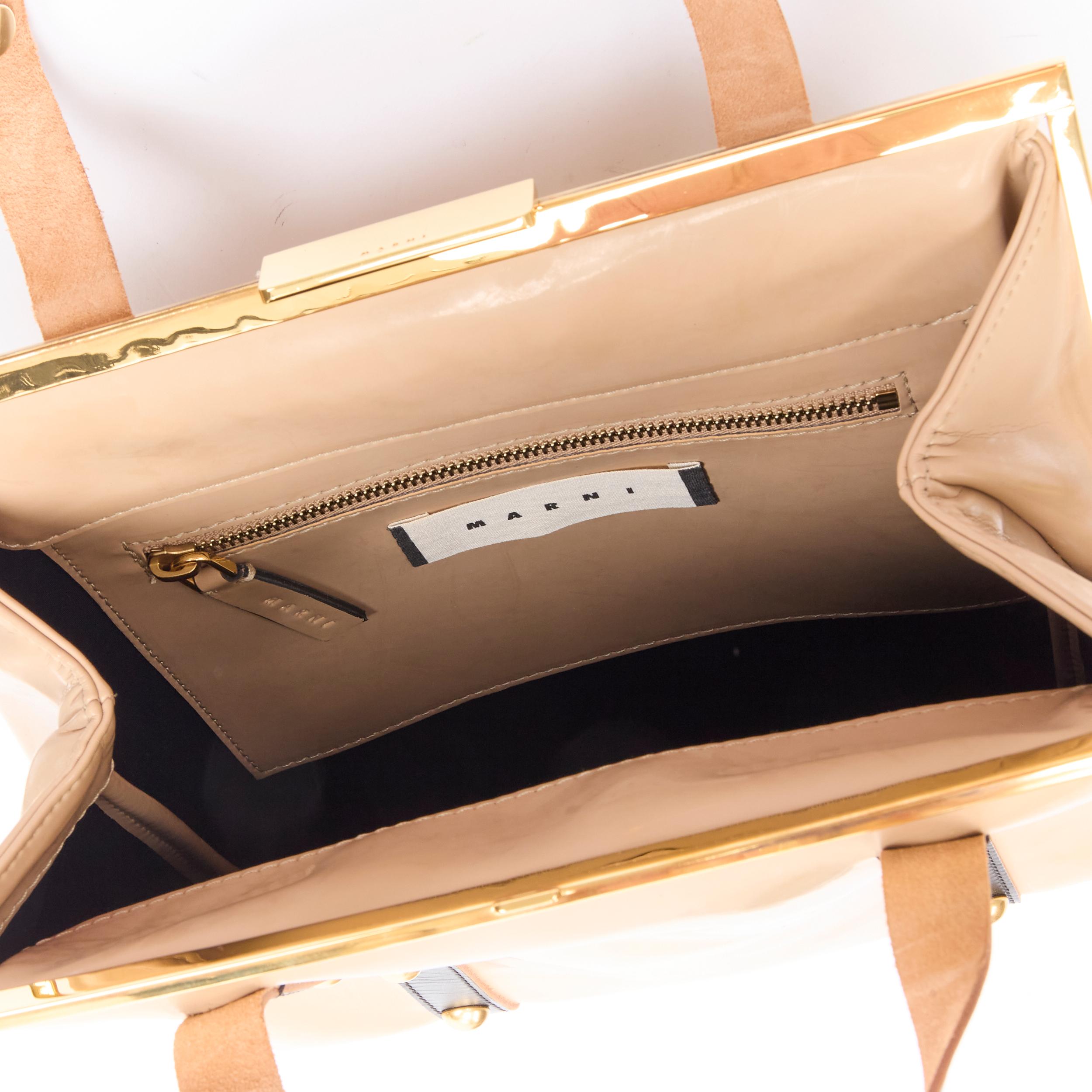MARNI brown latex PVC gold stud leather trim metal frame tote bag For Sale 2