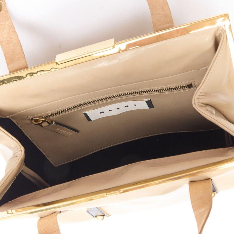 MARNI brown latex PVC gold stud leather trim metal frame tote bag For Sale 5