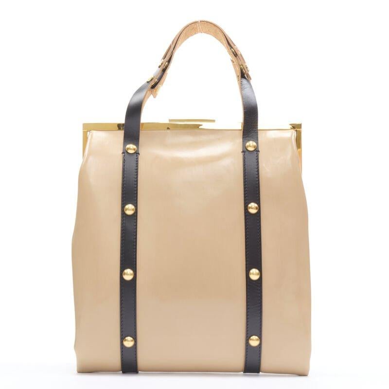 MARNI brown latex PVC gold stud leather trim metal frame tote bag In Fair Condition For Sale In Hong Kong, NT