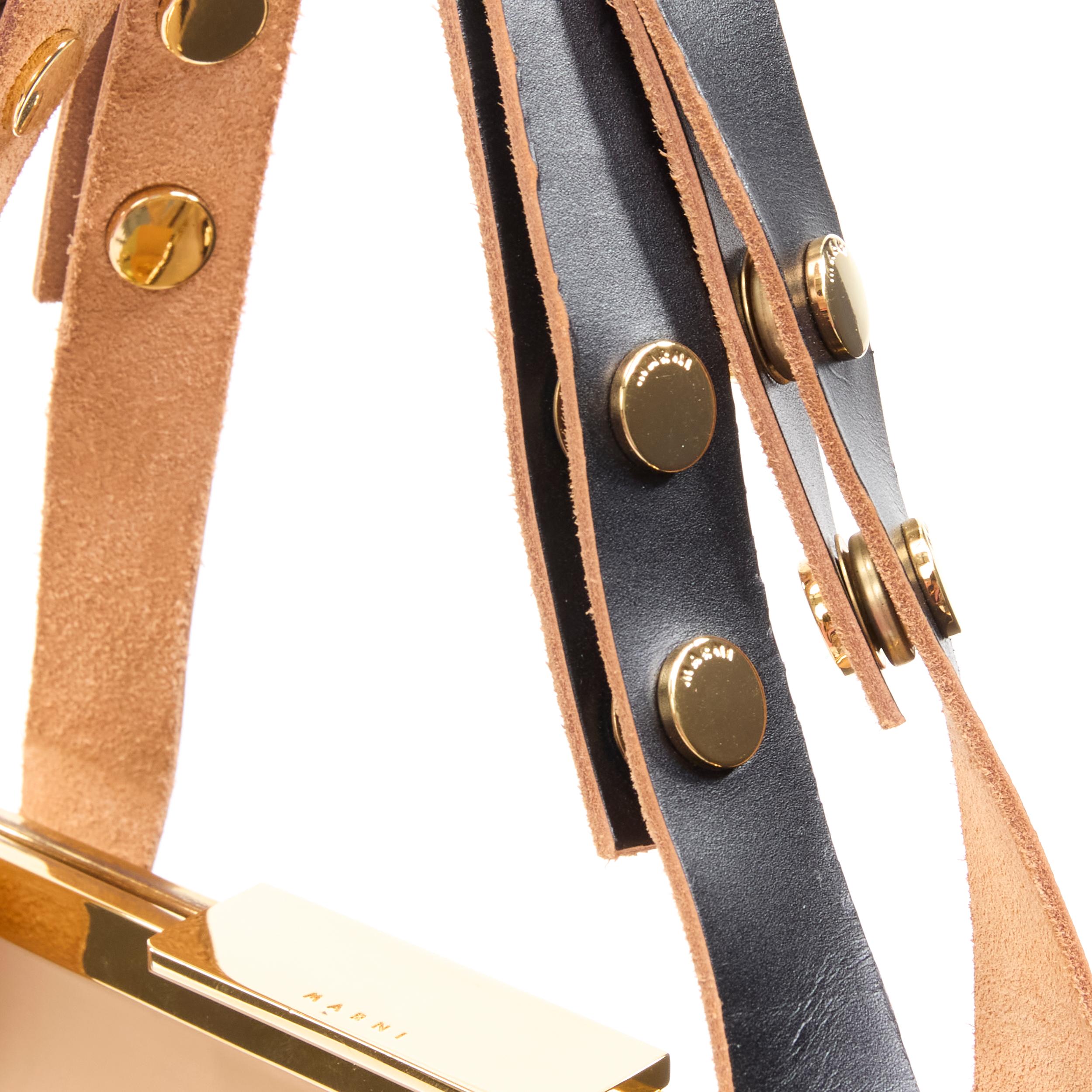 MARNI brown latex PVC gold stud leather trim metal frame tote bag In Fair Condition In Hong Kong, NT