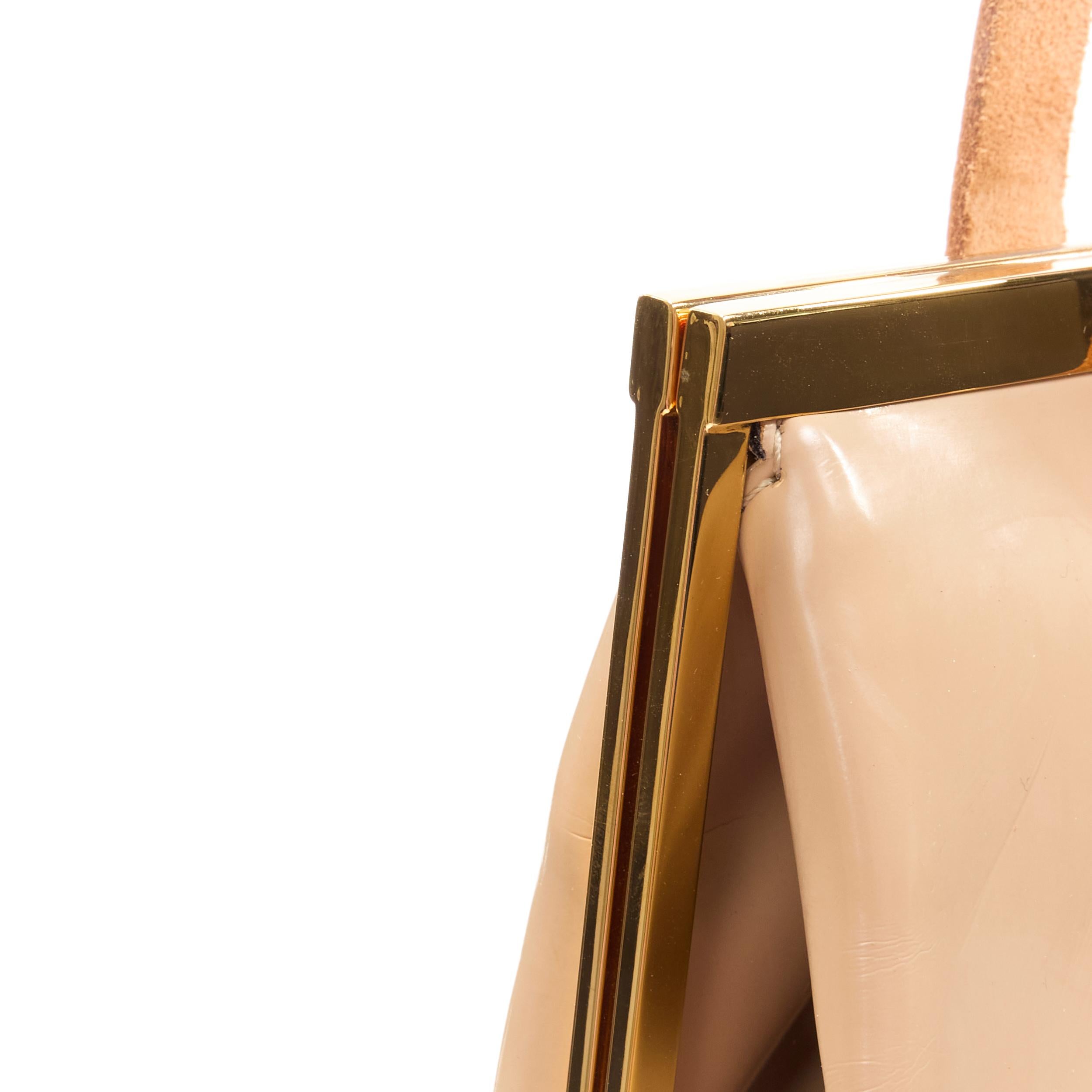 MARNI brown latex PVC gold stud leather trim metal frame tote bag For Sale 1