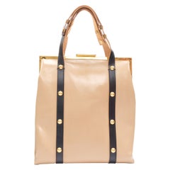 MARNI brown latex PVC gold stud leather trim metal frame tote bag