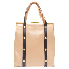 MARNI brown latex PVC gold stud leather trim metal frame tote bag