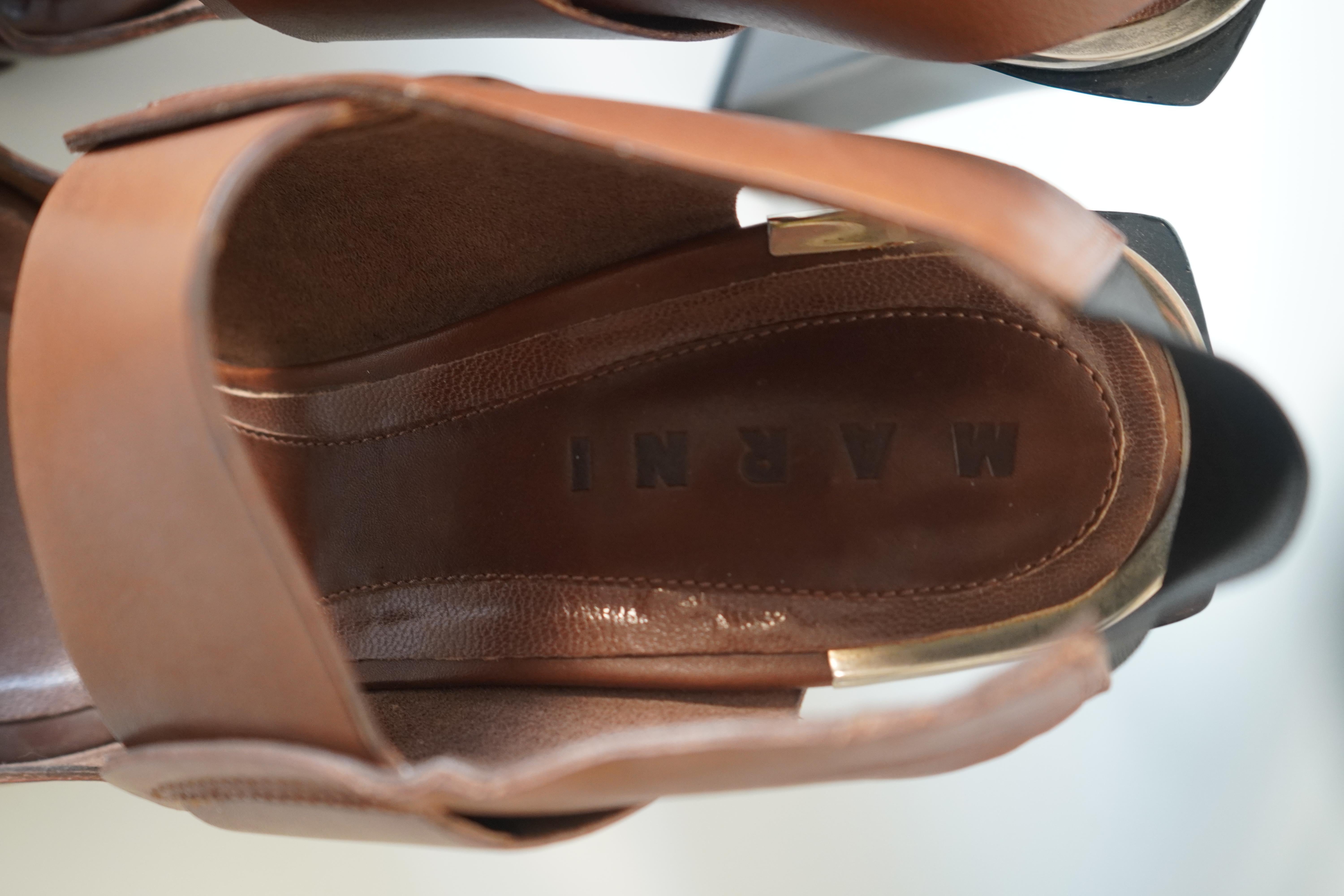 Marni Brown Leather Block Heel Sandals 40.5 For Sale 5
