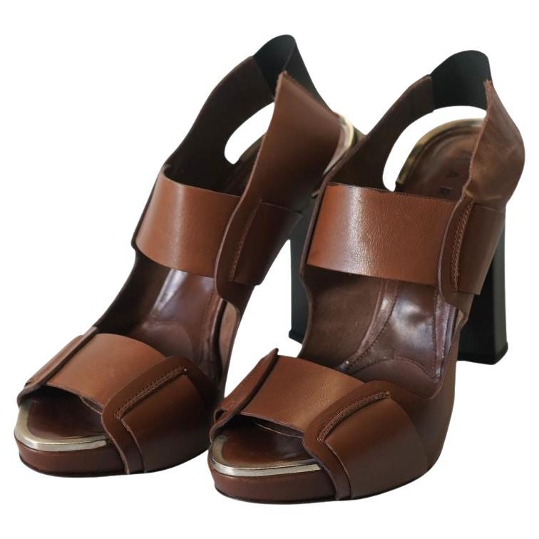 Marni Brown Leather Block Heel Sandals 40.5 For Sale