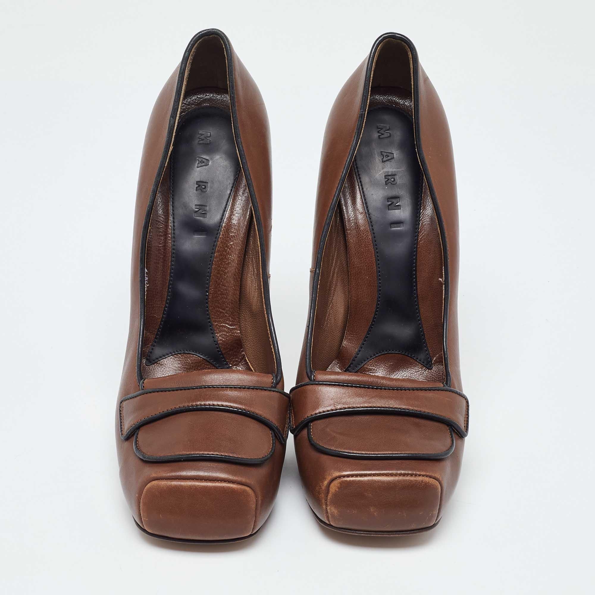 Black Marni Brown Leather Platform Square Toe Pumps Size 38 For Sale