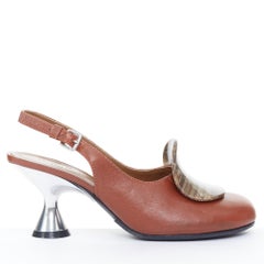 MARNI brown leather sculptural chrome curved kitten heel slingback pumps EU36.5