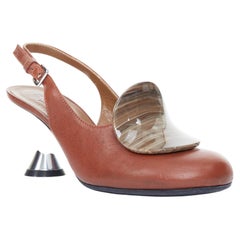 MARNI brown leather sculptural chrome curved kitten heel slingback pumps EU36.5