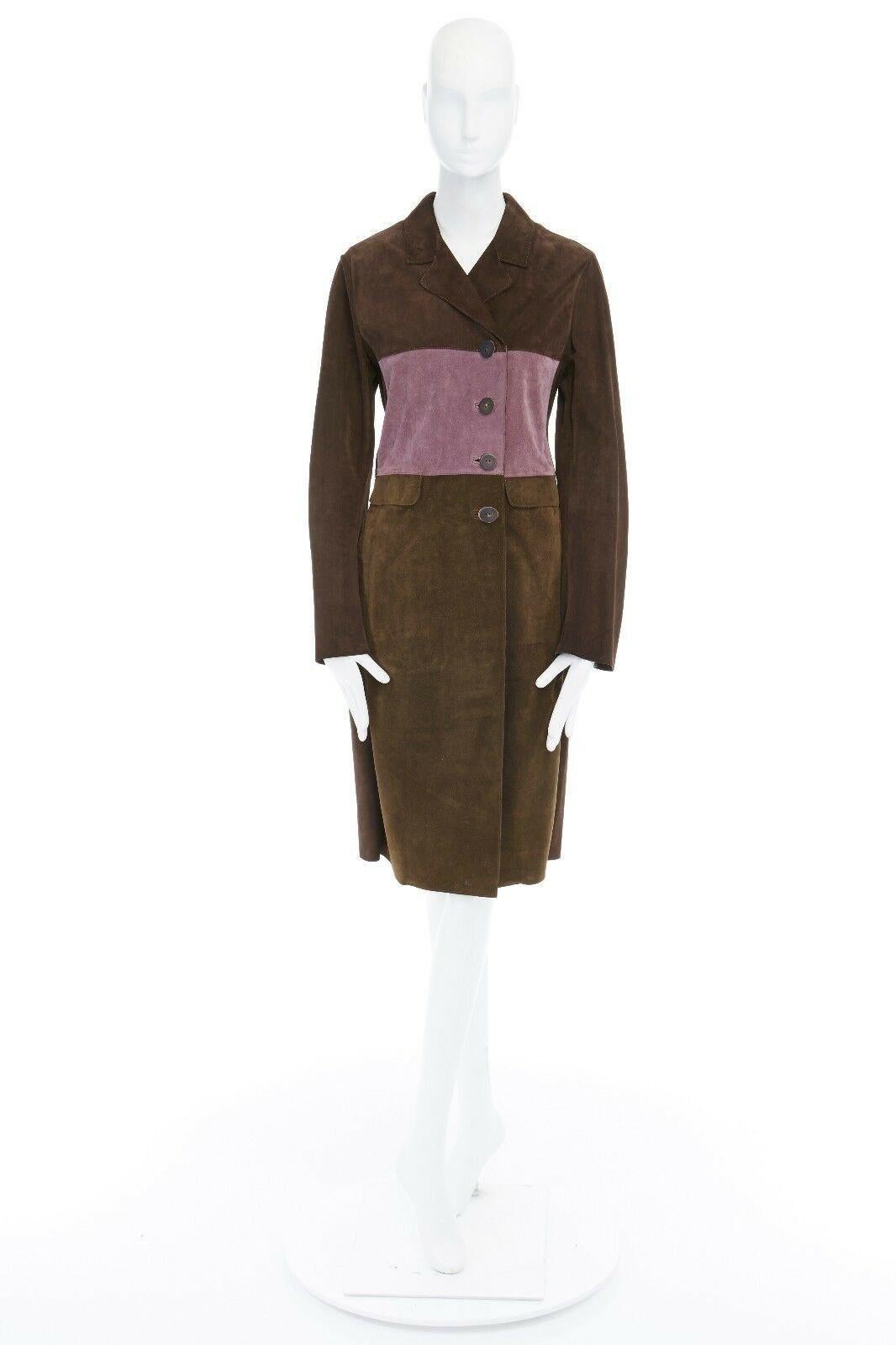 MARNI brown lilac khaki colorblocked wood button suede leather coat IT38 US0 XS 
Reference: ANSN/A00127 
Brand: Marni 
Material: Leather 
Color: Brown 
Pattern: Other 
Closure: Button 
Extra Detail: Dark brown, lilac purple, khaki green suede