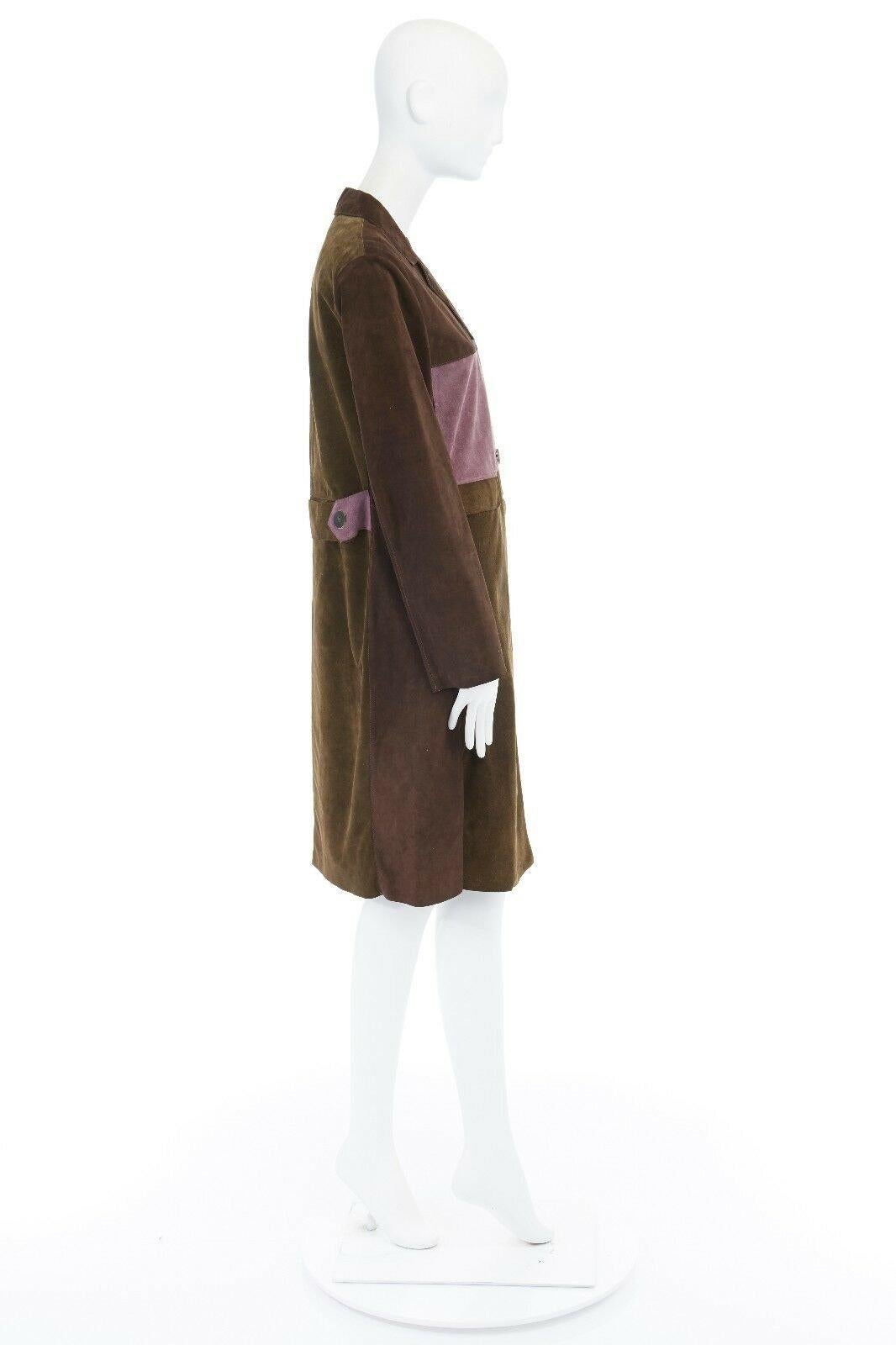 MARNI brown lilac khaki colorblocked wood button suede leather coat IT38 US0 XS In Good Condition In Hong Kong, NT