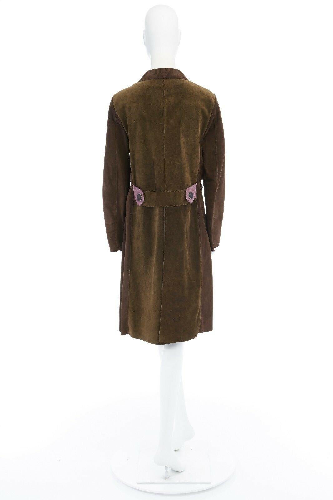 Women's MARNI brown lilac khaki colorblocked wood button suede leather coat IT38 US0 XS