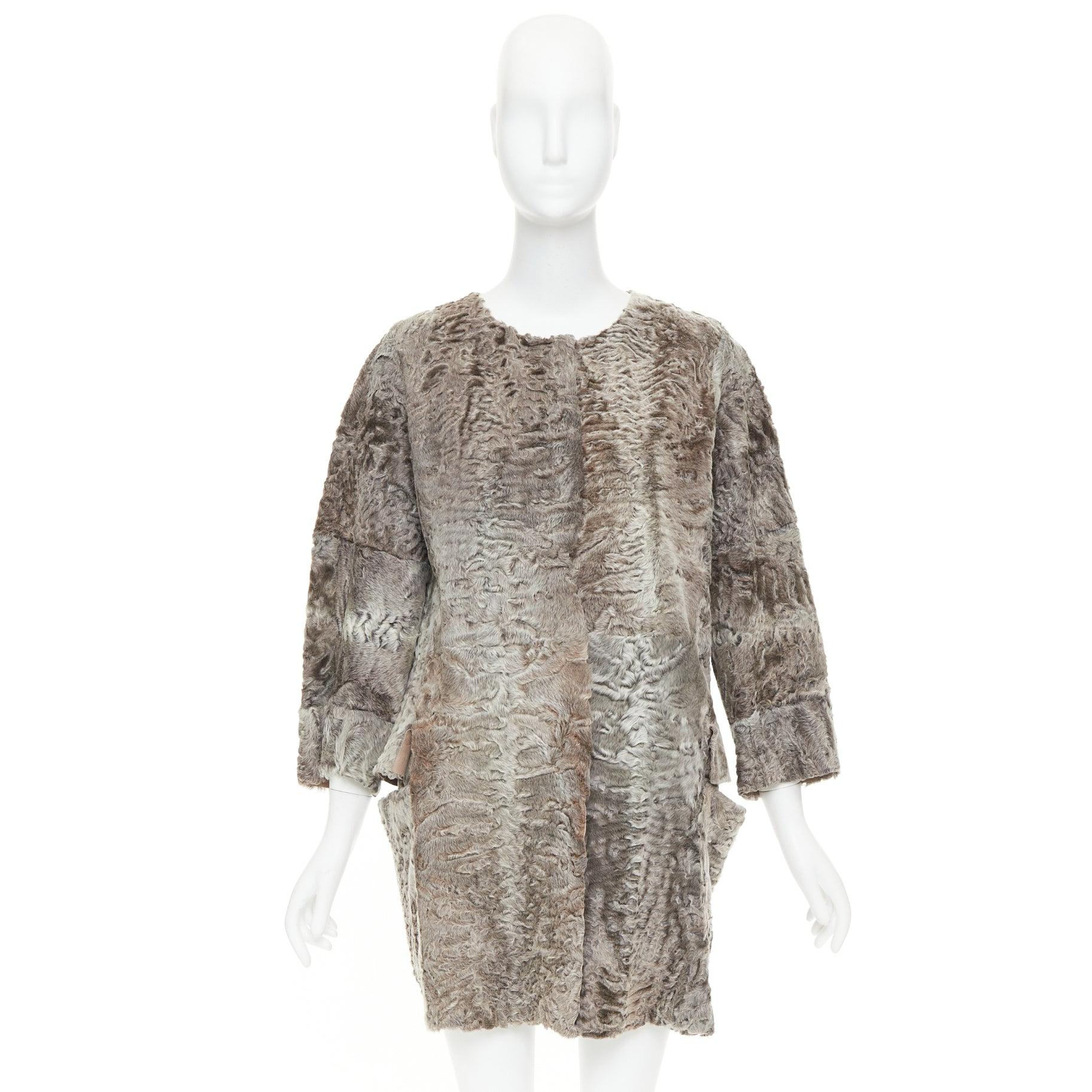 MARNI brauner persischer Lamm-Astrakan-Pelz abgeschnittener Ärmel-Kokon-Mantel IT40 S im Angebot 5
