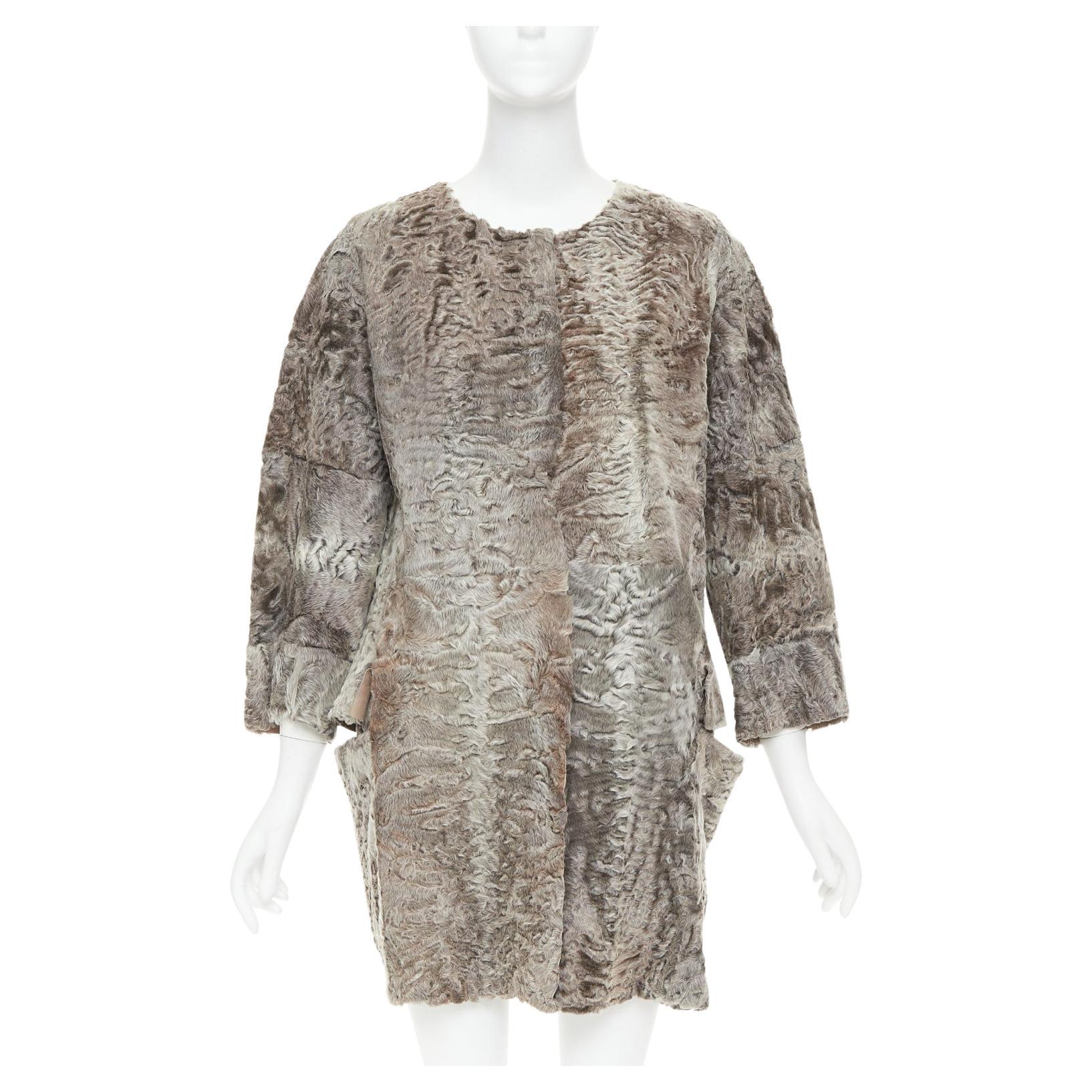 MARNI brown persian lamb astrakan fur cropped sleeve cocoon coat IT40 S