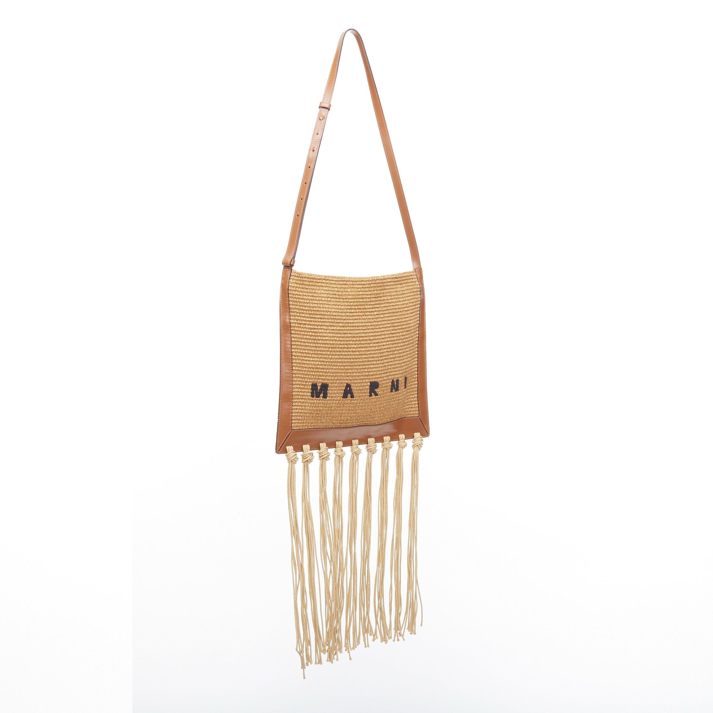 Beige MARNI brown raffia fringe leather trim black logo crossbody bag