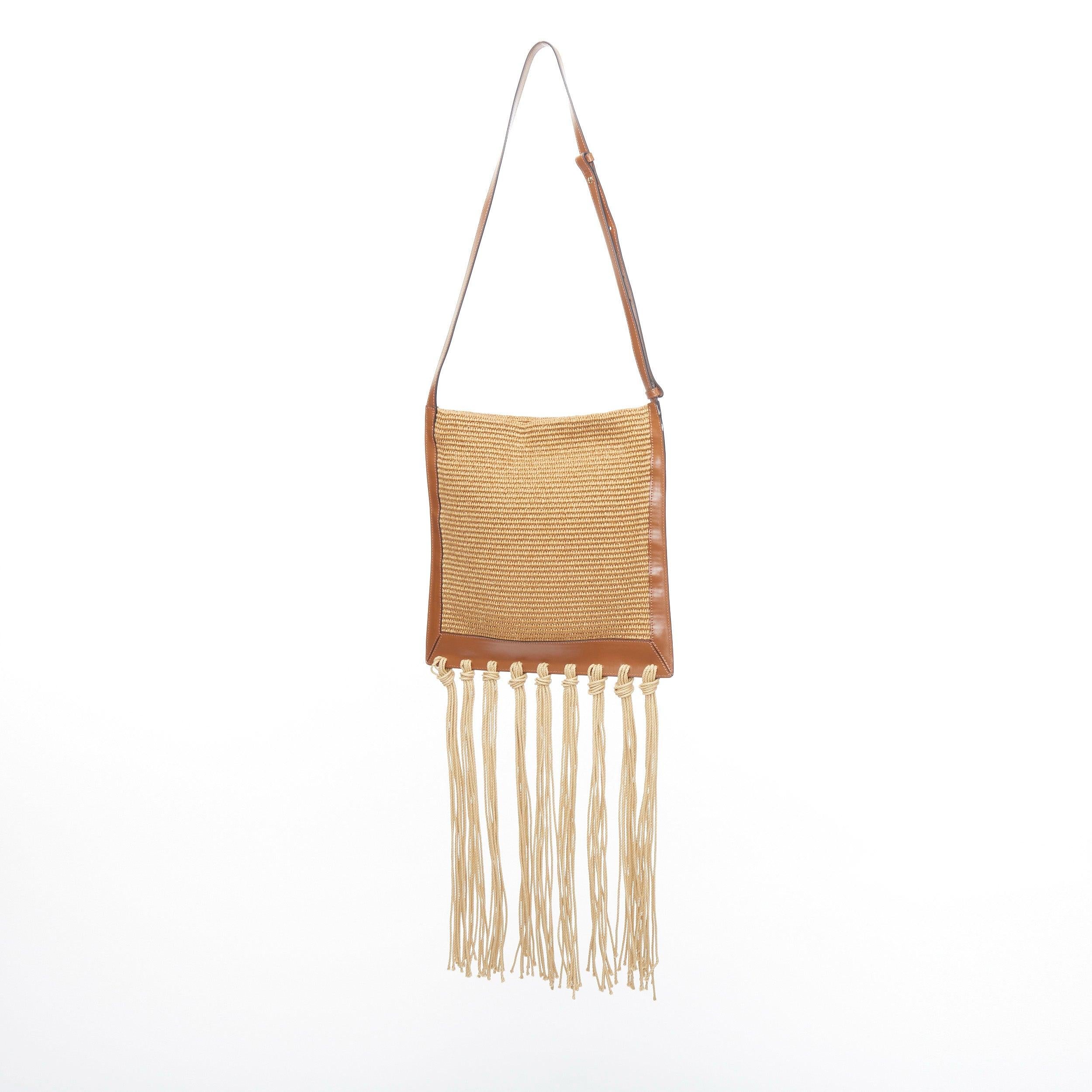 Women's MARNI brown raffia fringe leather trim black logo crossbody bag