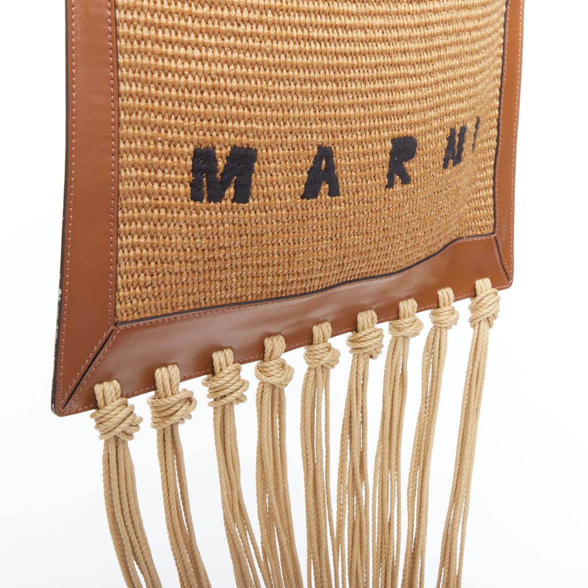 MARNI brown raffia fringe leather trim black logo crossbody bag 1