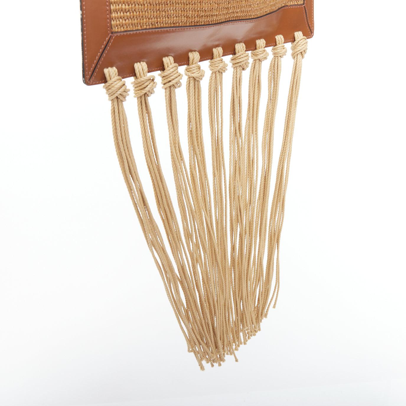 MARNI brown raffia fringe leather trim black logo crossbody bag 2