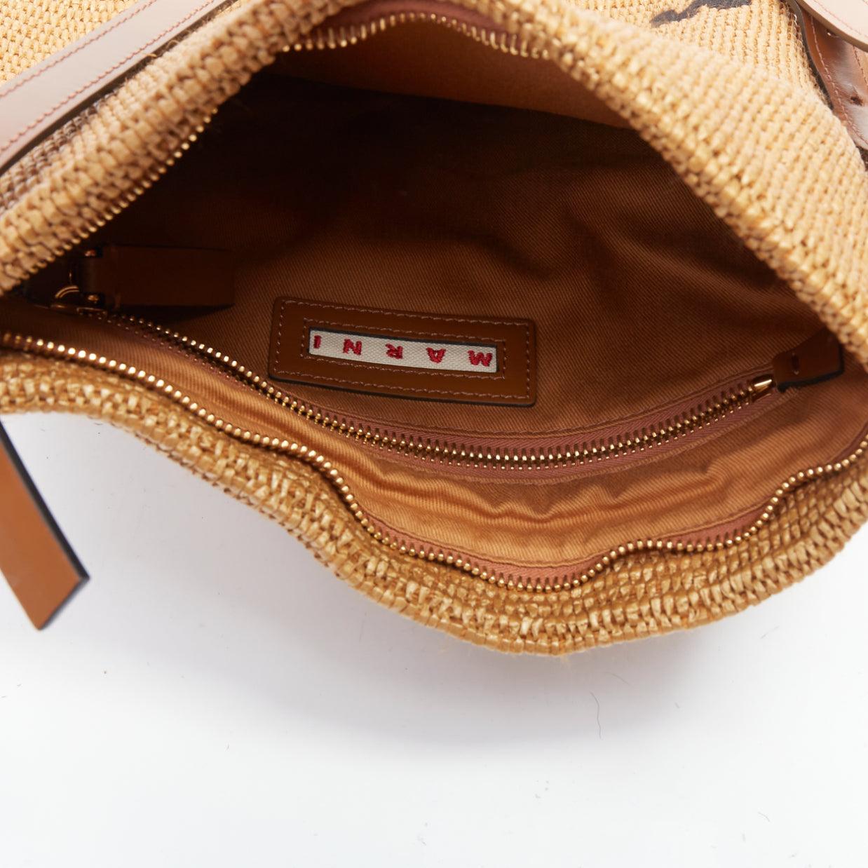 MARNI brown raffia fringe leather trim black logo crossbody bag 3