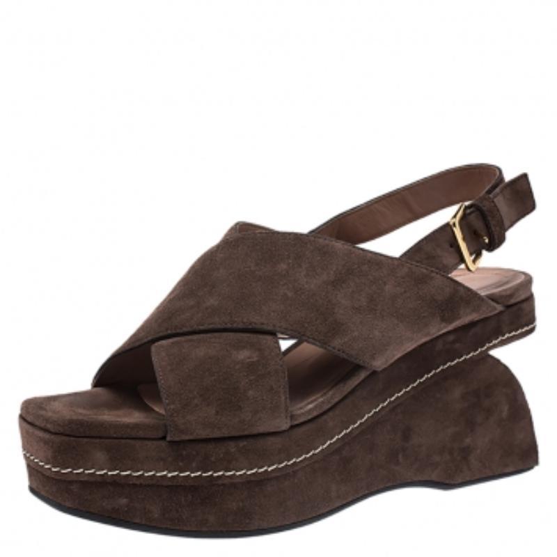 Marni Sandali con zeppa incrociata in pelle scamosciata marrone misura 39 in vendita 1