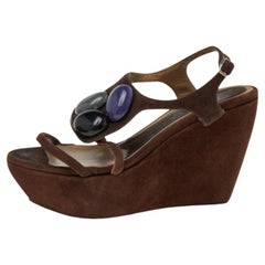 Marni Brown Suede Embellished Wedge Platform Ankle Strap Sandals Size 36
