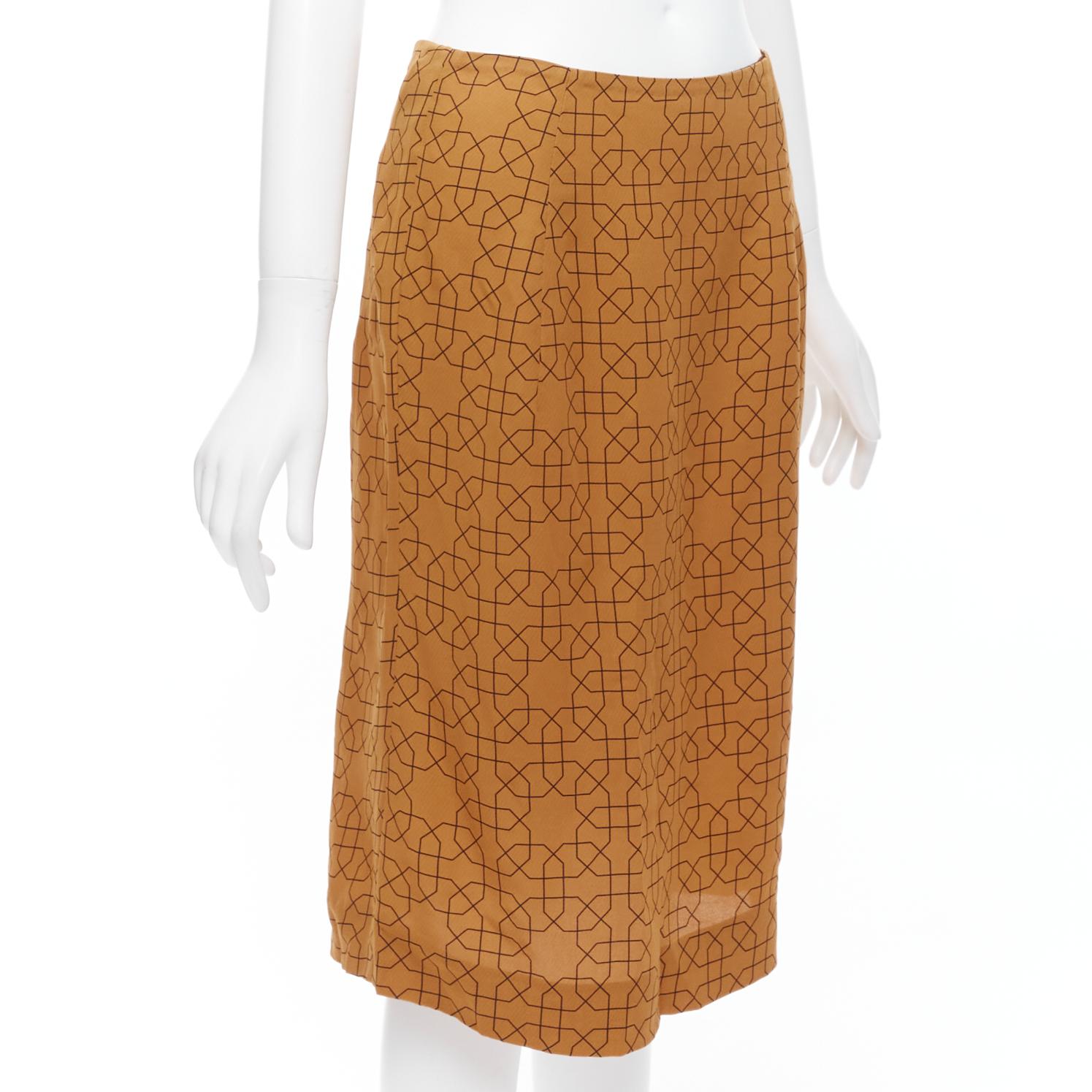 MARNI brown viscose black oriental geometric print knee length skirt IT40 S In Excellent Condition For Sale In Hong Kong, NT