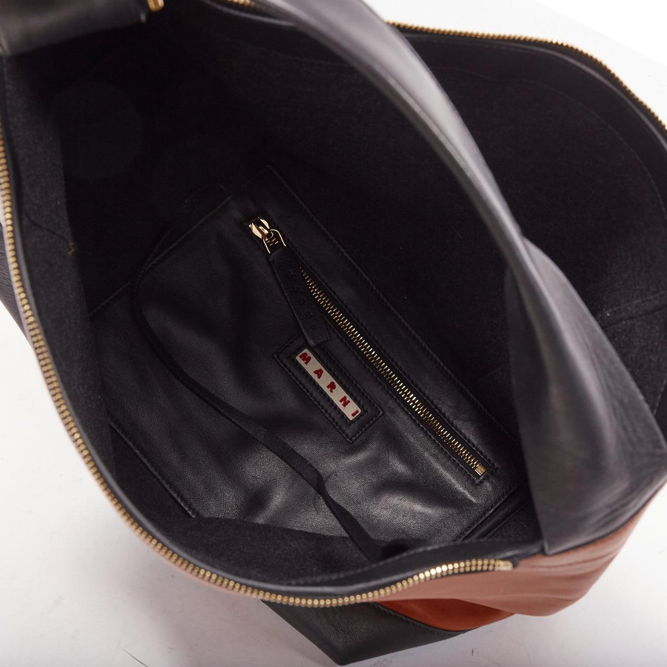 MARNI brown white black colorblock leather double gold zip tote bag 5