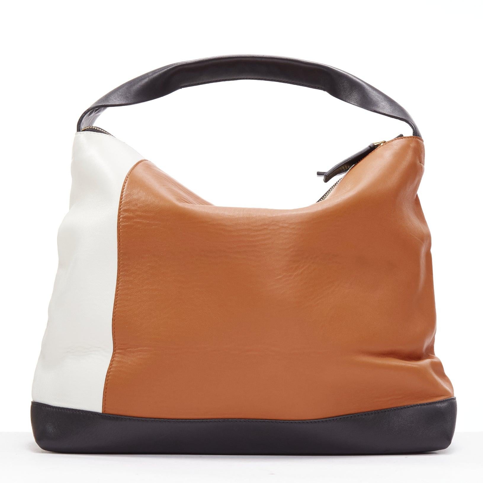 Women's MARNI brown white black colorblock leather double gold zip tote bag