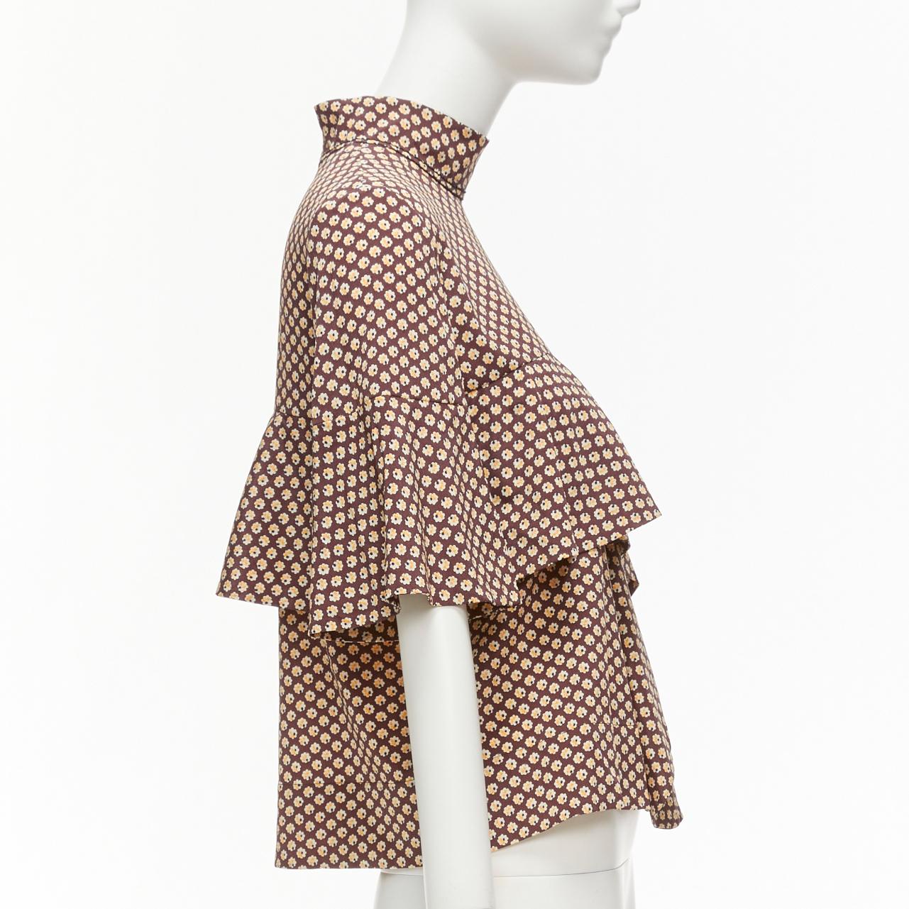 Women's MARNI brown yellow floral asymmetric ruffle drapes hi neck top IT38 XS For Sale