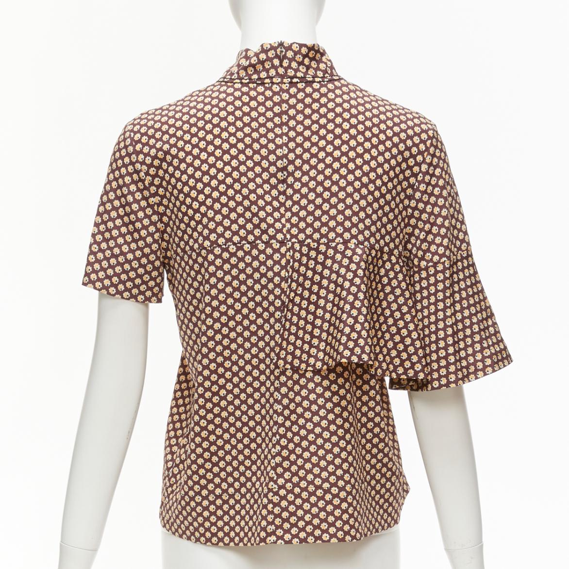 Women's MARNI brown yellow floral asymmetric ruffle drapes hi neck top IT38 XS For Sale
