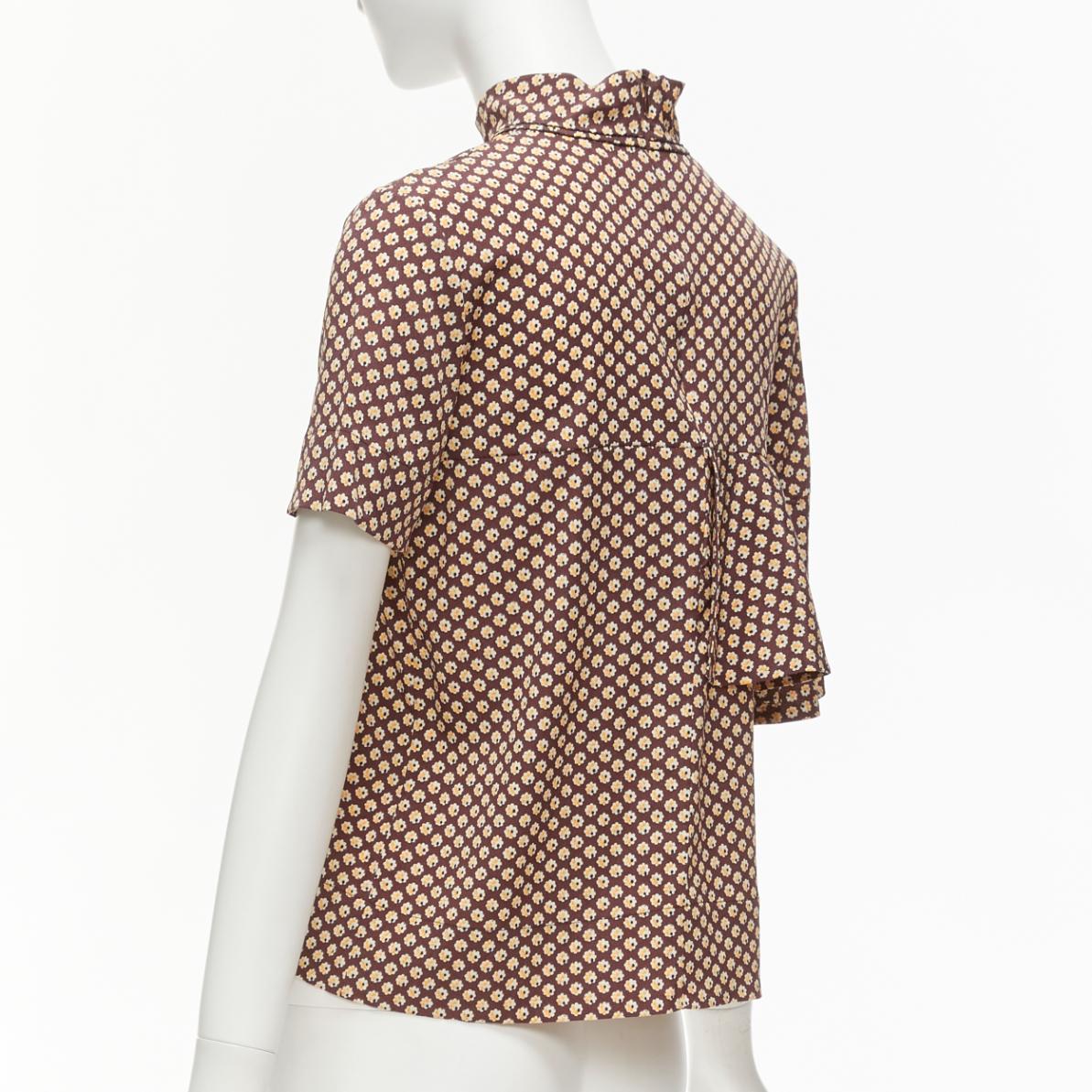 MARNI brown yellow floral asymmetric ruffle drapes hi neck top IT38 XS For Sale 1